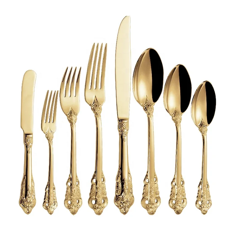 

Eco Friendly Royal Vintage 18/8 Flatware Gold Plated Silverware Stainless Steel Luxury Cutlery Set, Gold pvd coating