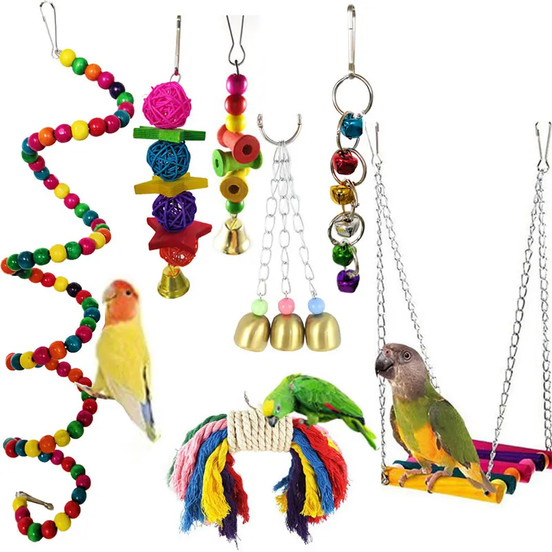 

7Pcs/lot Bird Toys Parrot Swing Colorful Chewing Hanging Hammock Colorful Rope Bells Pet Climbing Ladders Toys Training Supplies