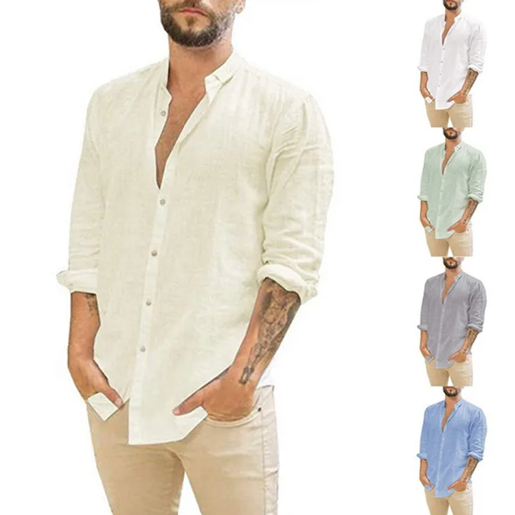 

Wholesale suppliers low price linen cotton men's big casual long-sleeved plus size button up shirt OEM custom logo KLQ8147