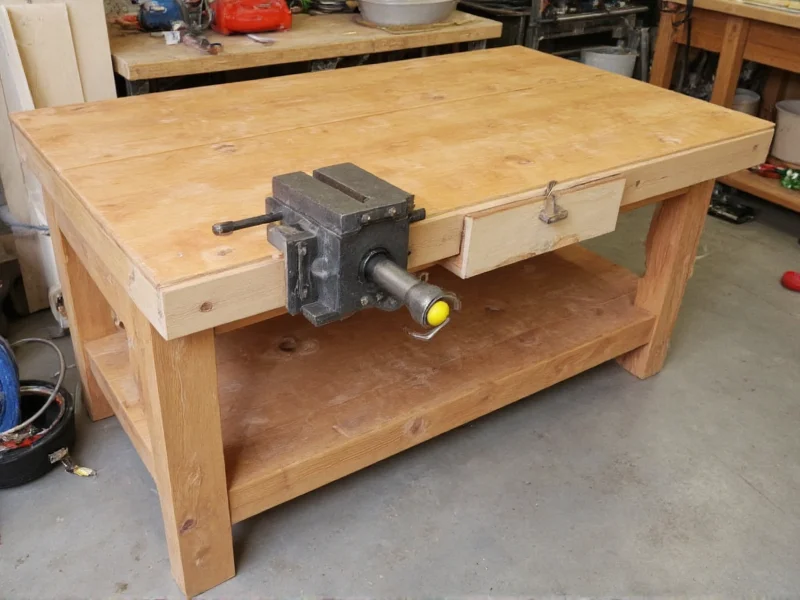 DIY workshop bench with vise and tool storage