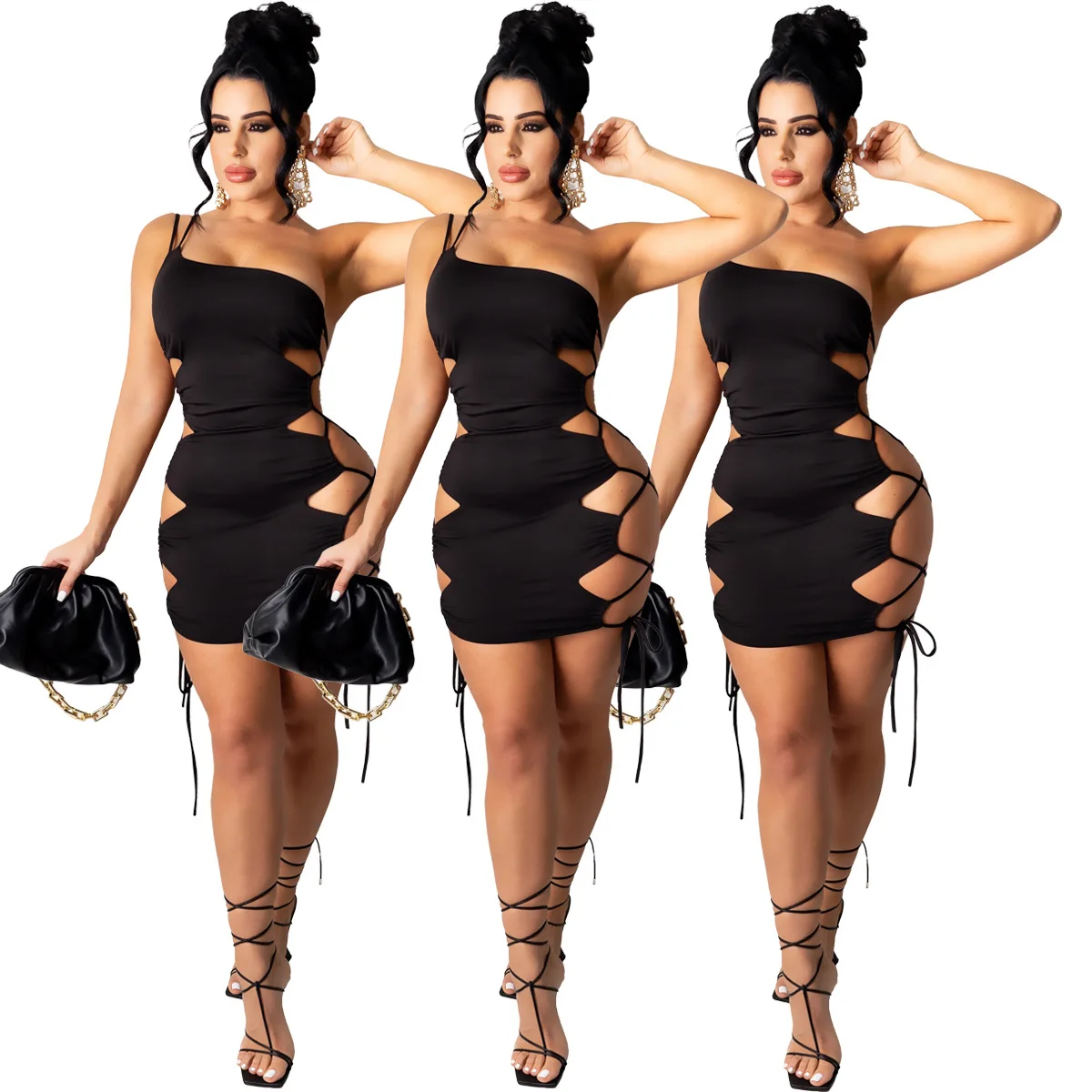 

One Shoulder Bandage Bodycon Backless Dress For Women Night Party Lace-up Hollow Out Cutout Sexy Backless Club Dresses, Black