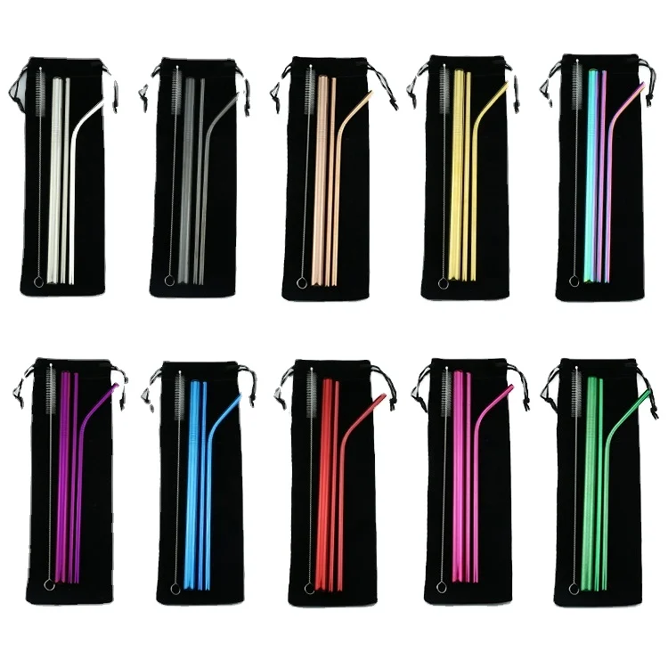 

High Quality Black Rose Gold Reusable Straws Stainless Steel Drinking Metal Straw Set, Silver, black,golden,red, blue,rose gold,green,pink,rainbow