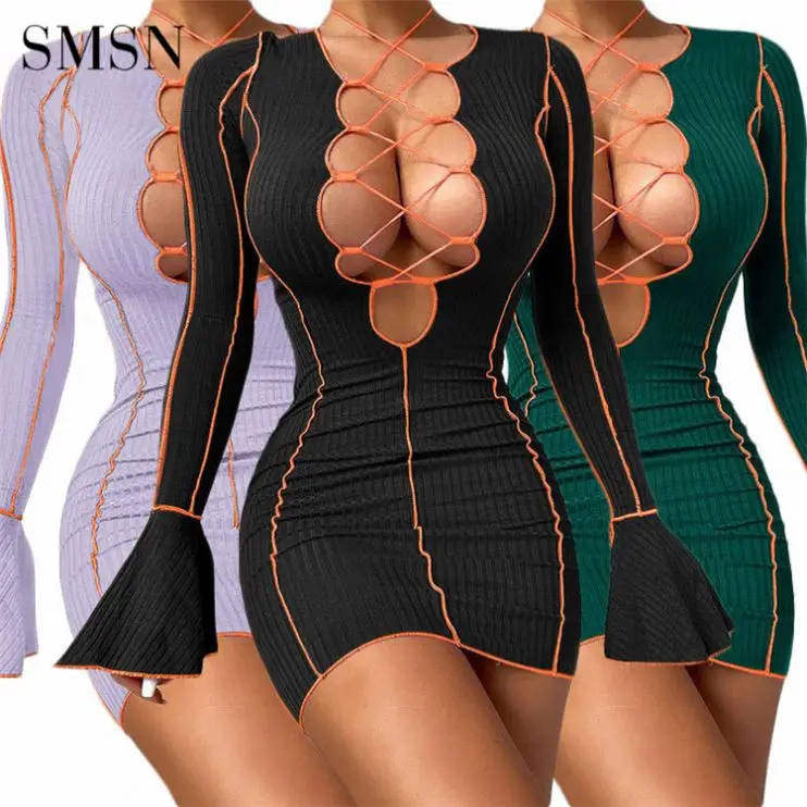 

SMSN QUEENMOEN Latest Design Autumn Bell Sleeve Dress Deep V-Neck Sexy Bandage Rib Knit Ladies Stylish Sexy Bodycon Dress Women