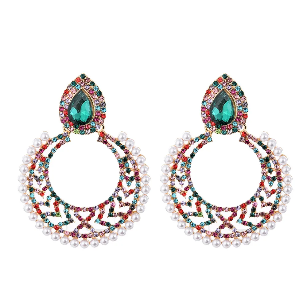 

Luxury Exquisite Women Jewels Colorful Crystal Rhinestone Round Hollow Geometric Statement Stud Earrings, As pic