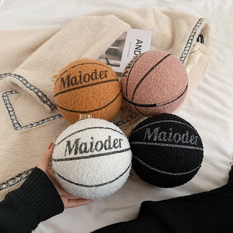 

New style plush basketball bag purse fashion ladies one-shoulder round zipper ball bag, White, black, pink, brown