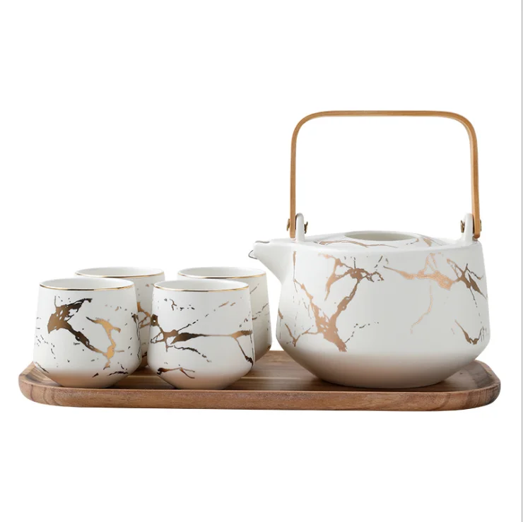 

Hot Sale Japanese Turkish White Black Marble Porcelain Coffee Tea Cup Sets With Teapot and Wooden Tray