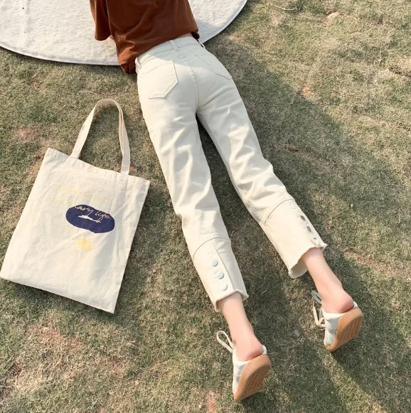 

Stretch High-Waist Straight-Leg Pants Black White Trousers Korean Jeans Women Girl Jeans, Apricot,black,white
