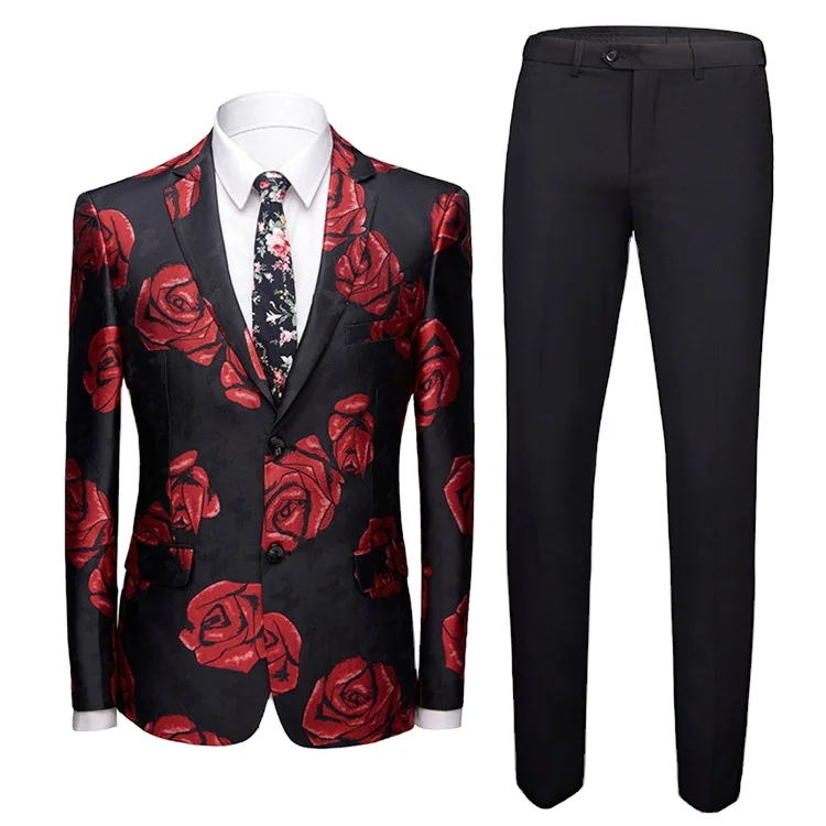 

2020 new arrival design mens suits 2 piece rose print fancy party pants blazer suits for men, White and black