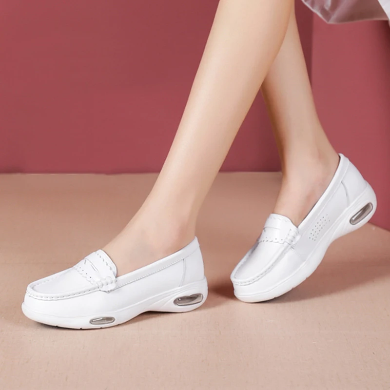 

Fashionable White Nurse Shoes Genuine Leather Wedge Double Air Cushion Medical Shoes for Females