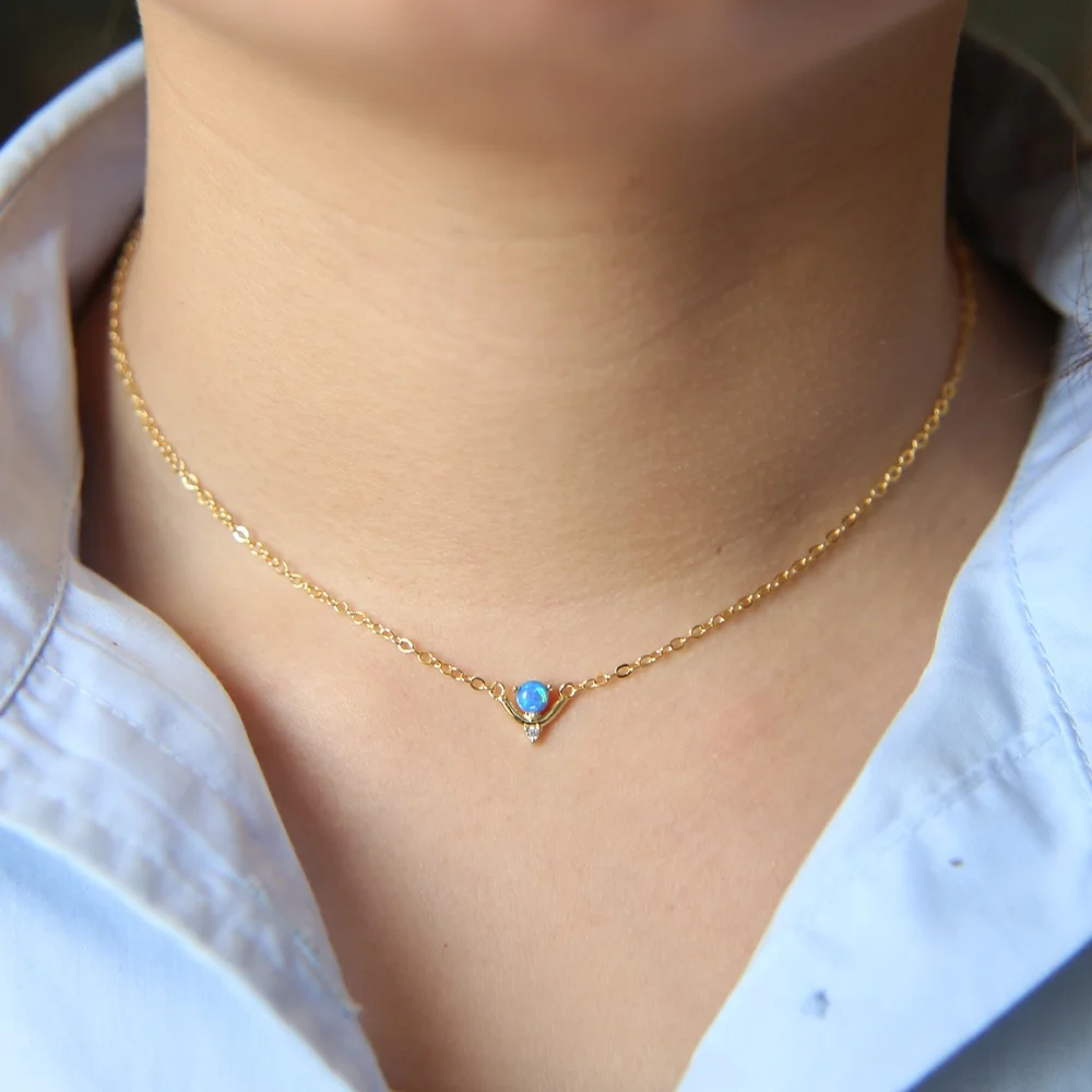 

2020 NEW ARRIVE 18k gold design jewelry blue fire opal gemstong stunning woomen girl cute minimalist necklace