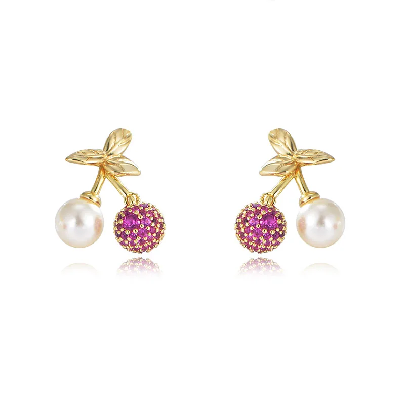

findings Delicate Shiny jewelry psj brass 18k gold plated Cubic zircon imitation pearl Cherry stud earrings for women girls