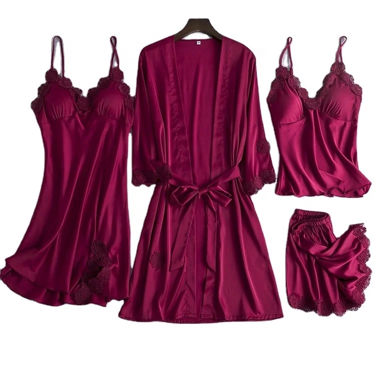 

New sexy nightgown women's halter top nightdress four-piece suits ice silk Pajamas Set solid Sleepwear with bra pad 82010671SP, As picture