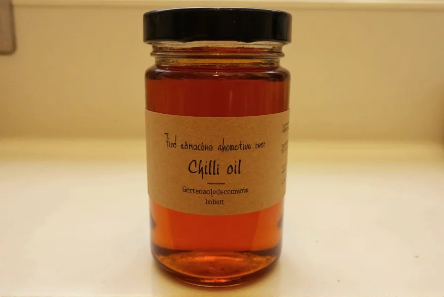 Homemade chili oil in amber glass bottle with label showing storage date and ingredients