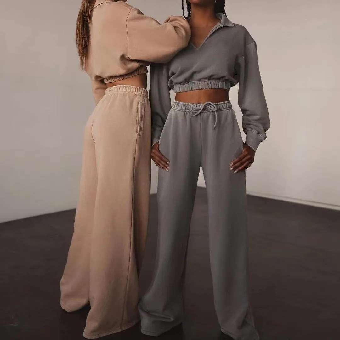 

Women Custom Logo Pullover Tracksuit High Waist Elastic Sweat Pants Streetwear Jogging Sweatsuit