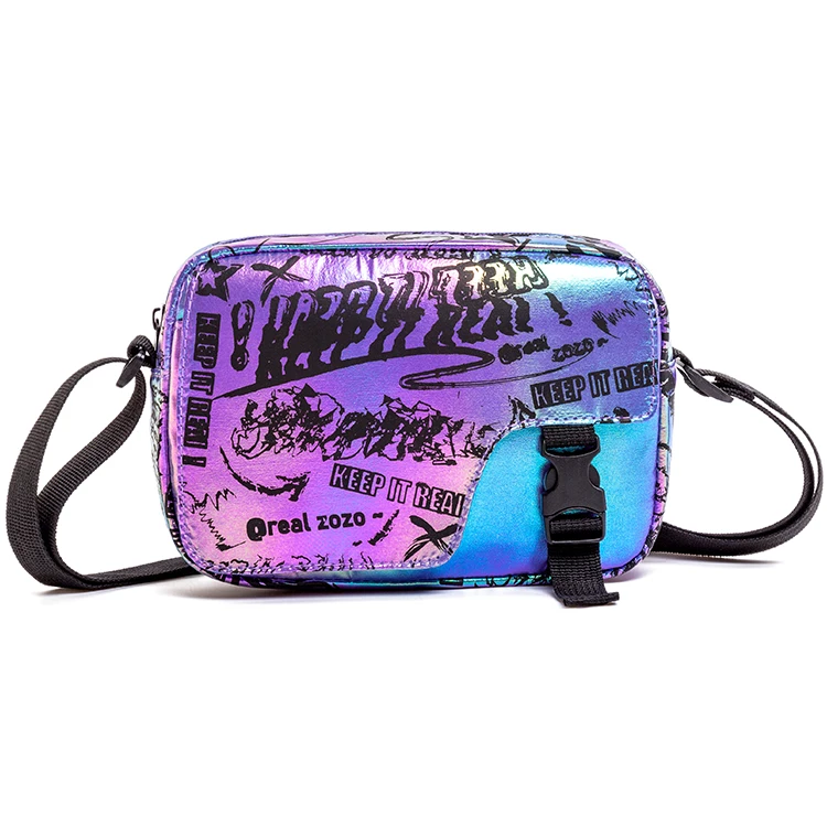 

BQ Graffiti Hip Hop Street-wear Gradient Colors Reflective Design Custom Crossbody Messenger Sling Single Shoulder Men Chest Bag, Purple,silver,green,orange