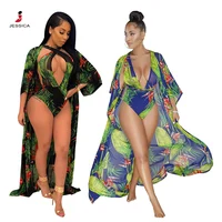 

popular women's floral print bohemian deep V one piece swimwear with cover up