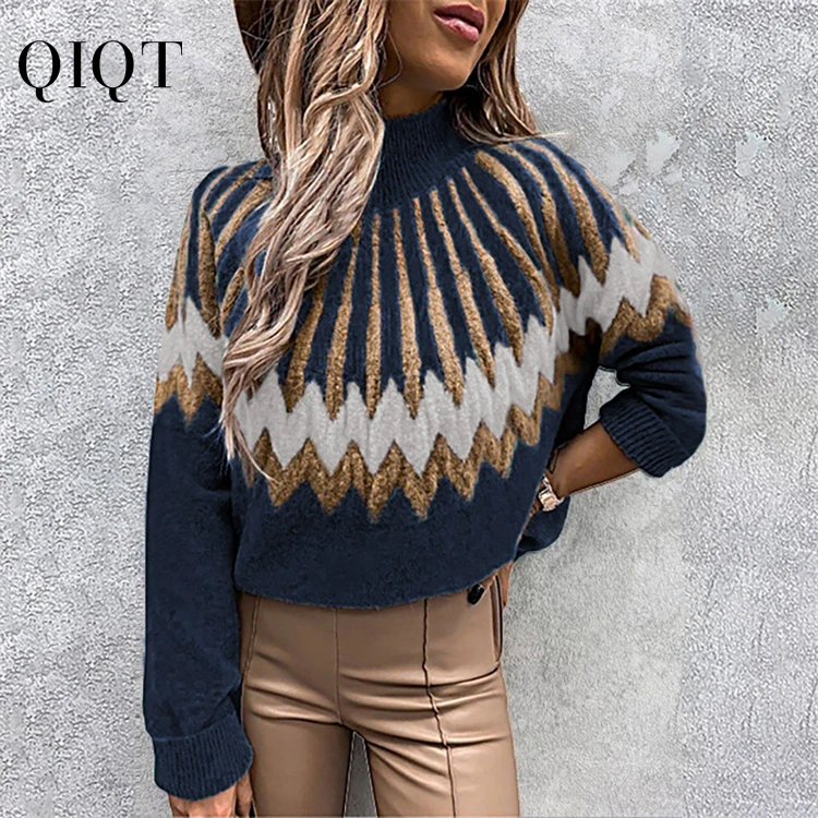 

New Arrival 2021 Autumn Winter Print High Neck Long Sleeved Sweater Short Knit Top For Women