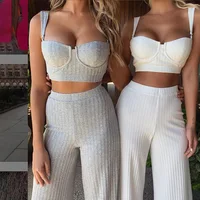 

Ribbed Knitted crop top camisole flares trousers 2 piece set solid color casual suit fashion Comfortable outfit