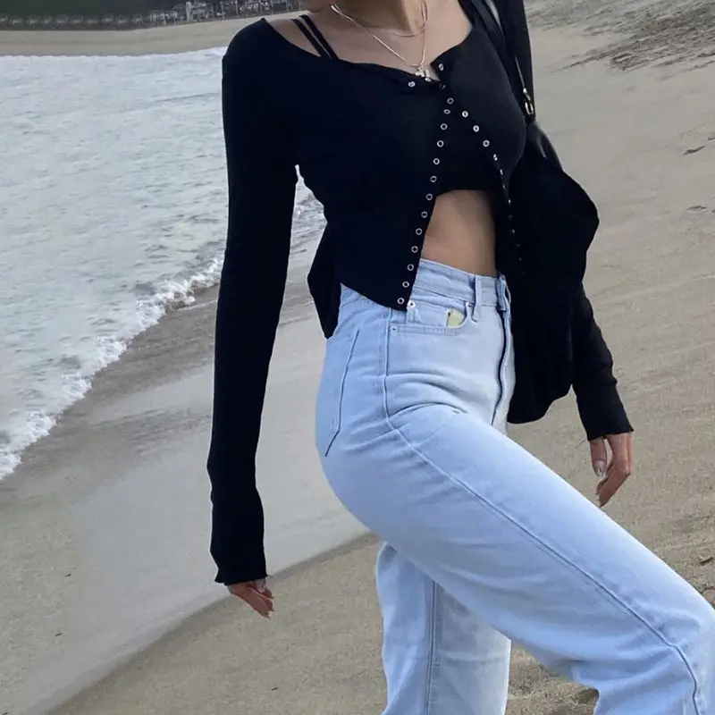 

Cute Girls Trendy High Quality U Neck Button Up Shirt Long Sleeve Crop Korean Top Women, Customized
