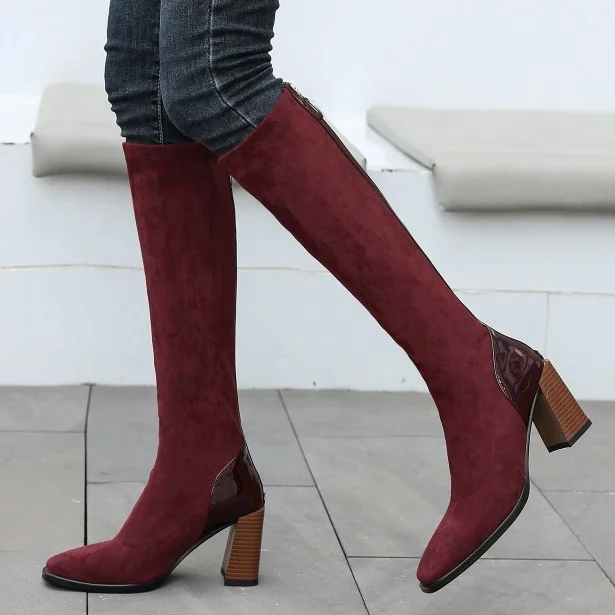 

Soft Suede Upper Women Knee-high Square Toe Side Zipper Boots Chunky Heel High Booties Large Patent Leather Heel Size 43 Boots, Black,wine red,apricot