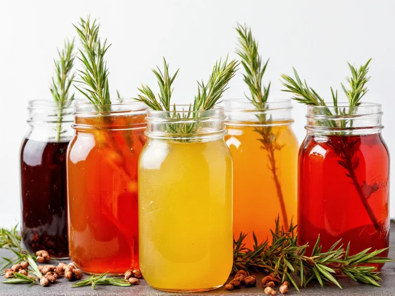 Various flavored simple syrups in mason jars with herbs