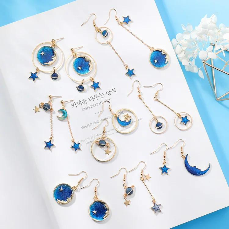 

2020 New Creative Blue Universe Moon Star Asymmetric Dangle Tassel Earrings For Girl, Colorful