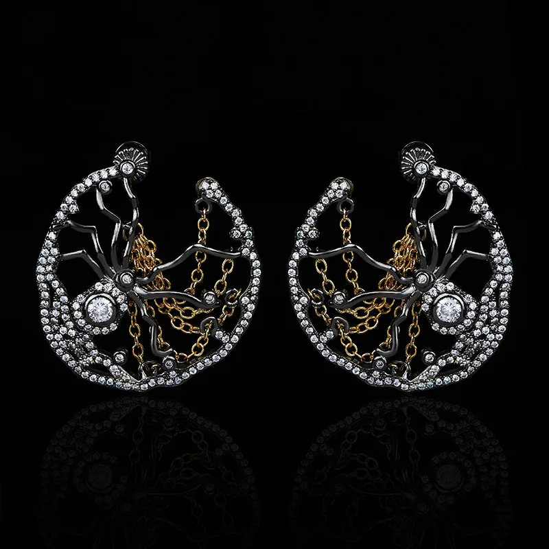 

Antique Designs KYED0549 New Exaggerated Spider Chain Hollow Earrings Black Gun Plated 3A Zircon Earrings for Women