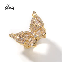 

UWIN Baguette Butterfly Ring CZ Diamond Gold Plated Finger Ring for Men and Women Iced Jewelry