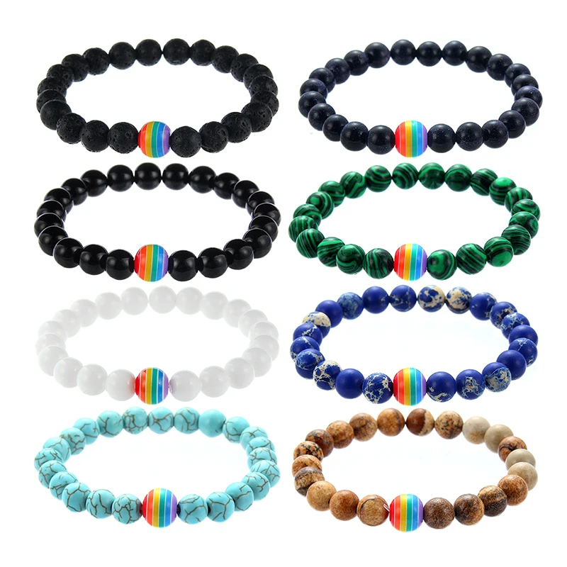 

Rainbow Bracelet for Women and Men 8mm Natural Stone LGBT Pride Strand Couple Bracelets Handmade Jewelry, Photo