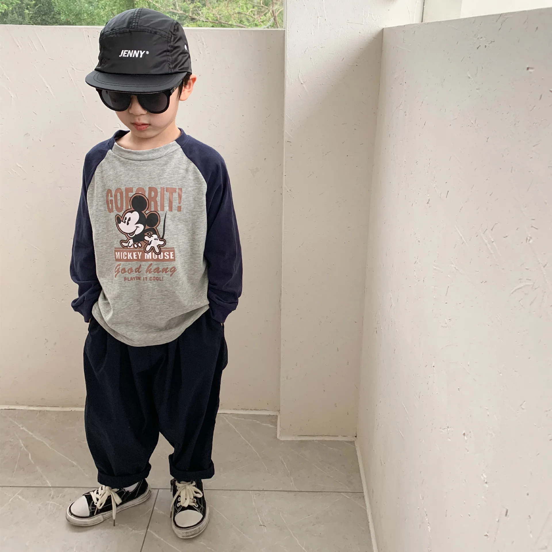 

Autumn Korean Loose Navy Blue Cotton Overalls Loose Casual Pants Children and Boys Pants