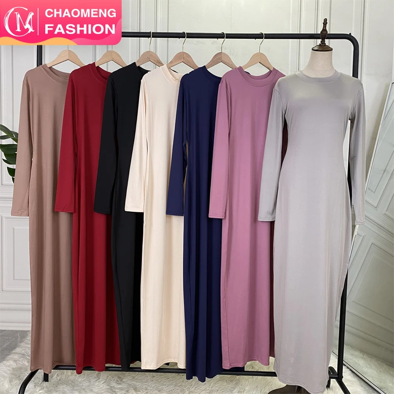 

6435#Latest Cheap Modal Cotton Jersey Long Sleeve Islamic Clothing Muslim Women Dresses Abaya 2020, Navy/beige/grey/pink/black/red/brown