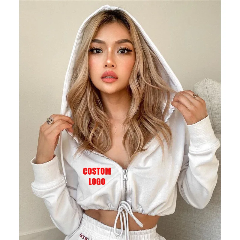 

Free Shipping Crop Top Zip Up Hoodie Plain Solid Sweatshirt Gym Sweater Jumper