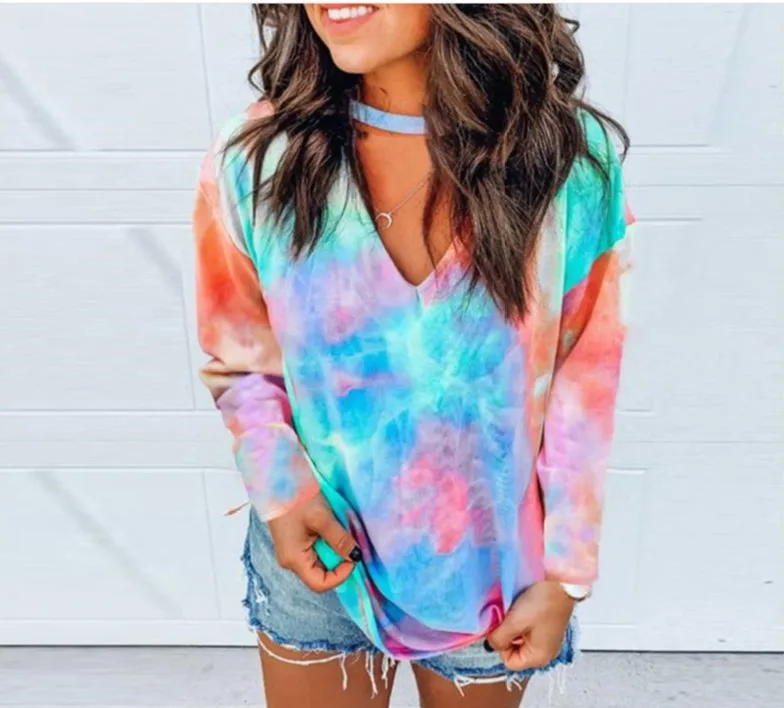 

Hollow Out V-neck Tie Dye T-shirt Tops Women Summer Short Sleeve Harajuku Streetwear Casual Female Top Tee, As shown