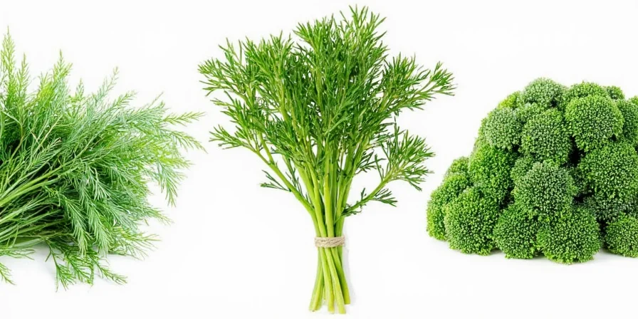 Various dill plants labeled by name in a garden setting