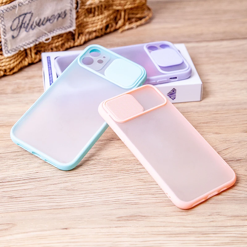 

Slide window camera cover phone Case Shockproof TPU matte smoke phone case good quality cover for iphone