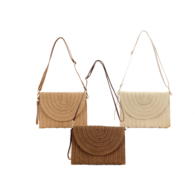 

Wholesale big woven straw crossbody bag clutch with wrist for travel removable strap paper straw clutch bag for women