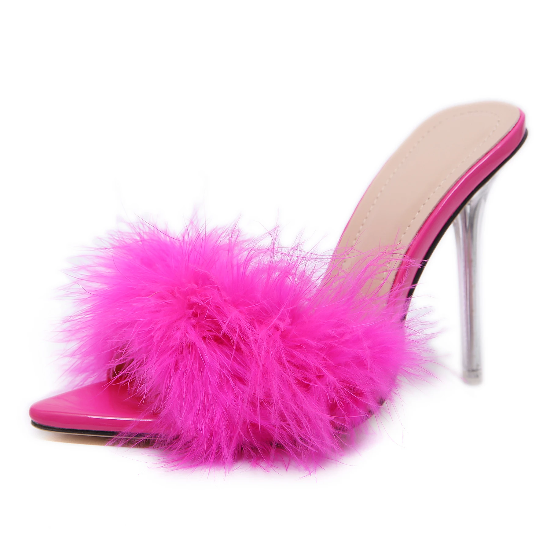 

2021 Women's Shoes Slip-On Clear Thin Heel High Heels Pointed Toe Fur Slippers Stilettos Sandals Womens Party Footwear, Black, yellow, rose red, white