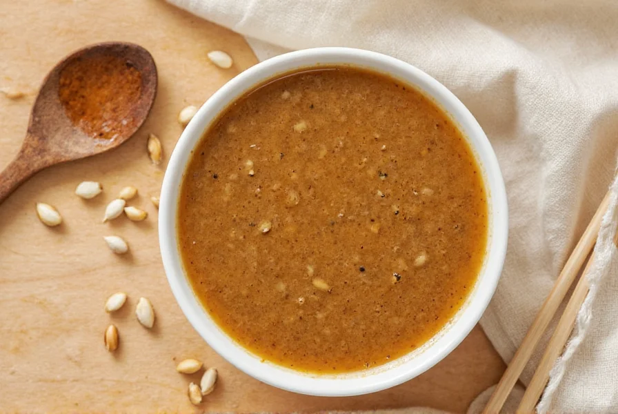 Homemade sesame ginger sauce in a glass jar with fresh ginger and sesame seeds