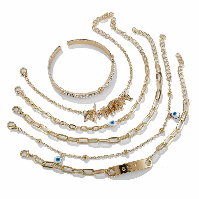 

6 Piece/set Bohemian Gold Personality Blue Demon Eye Leaf Chain Charm Drop Bracelet Set Party Jewelry for Women, As picture