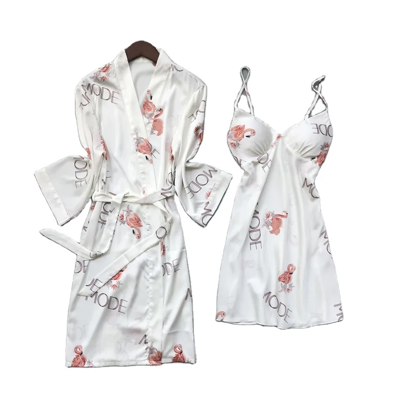 

Sexy Deep V Neck Soft Women's 2 Pieces Sleepwear Wholesale Satin Women Pajamas Sets with Robe, As pictures