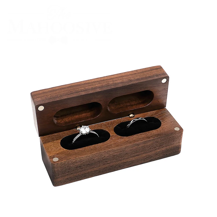 

K175 Wholesale Custom Logo Wooden Storage Holder Engagement Wedding Proposal Double Ring Box Walnut Wood Couple Jewelry Boxes
