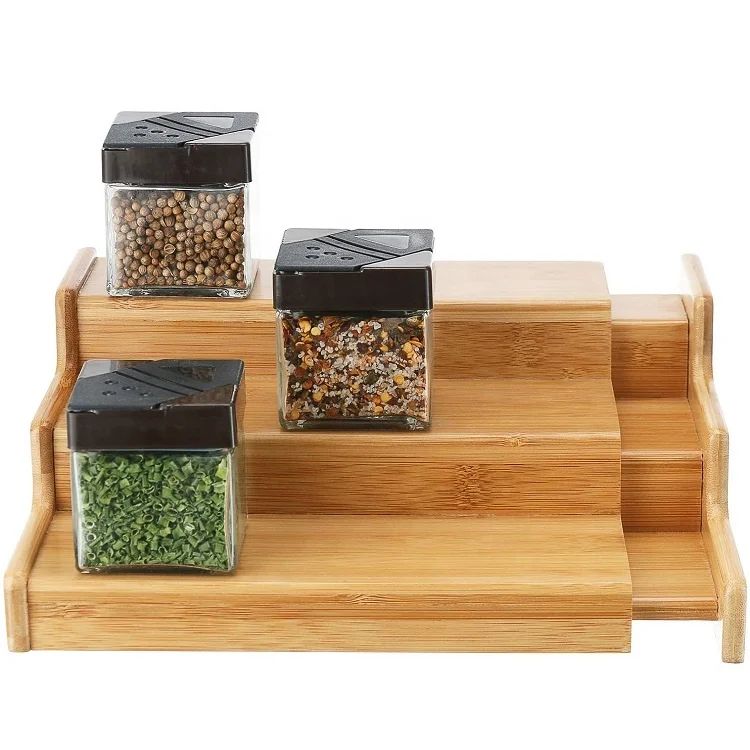 

Custom Logo Adjustable Expandable 3 Tier Bamboo Food Spice Rack Step Shelf Cabinet Organizer, Natural color