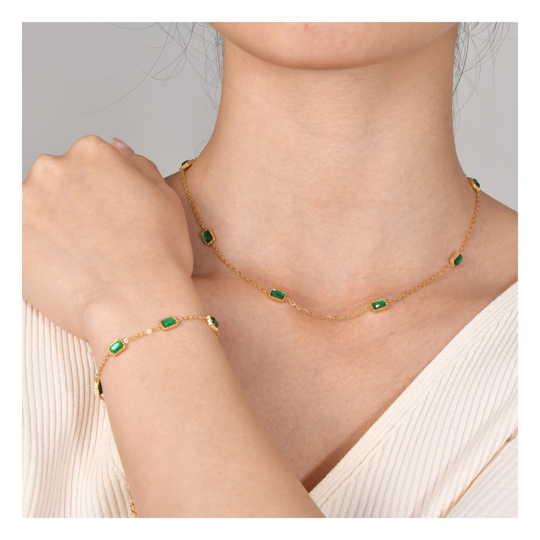 

ERESI Waterproof Gold Plated Dainty May Birthstone Charm Choker Bracelet Stainless Steel Green Stone Emerald Necklace Bracelet