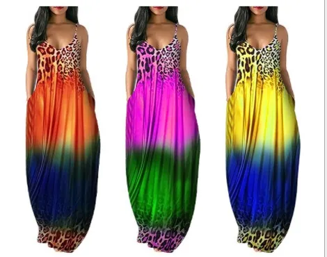 

2021 New Fashion Casual Cotton Fabric Leopard Print Long Dress Colorful Gradient Sling Dresses Plus Size Loose Maxi Dress Women, As pictures