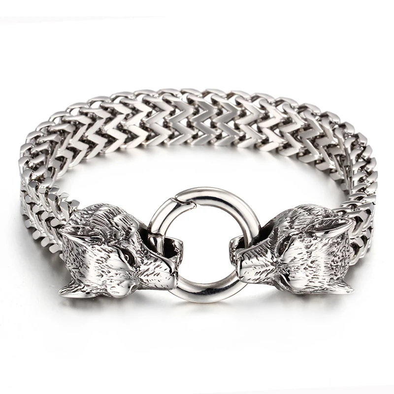 

KALEN Pulsera Hombre Sterling Silver Bracelet Wolf Skull Bracelets Men Charm Stainless Steel Bracelet