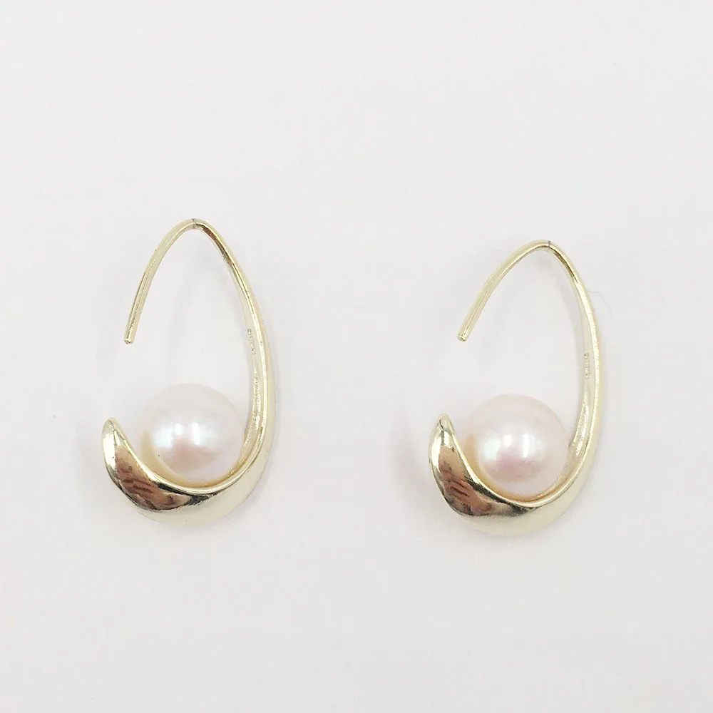 

fashion 925 silver earring 100% nature round freshwater pearl real 18ct gold plating