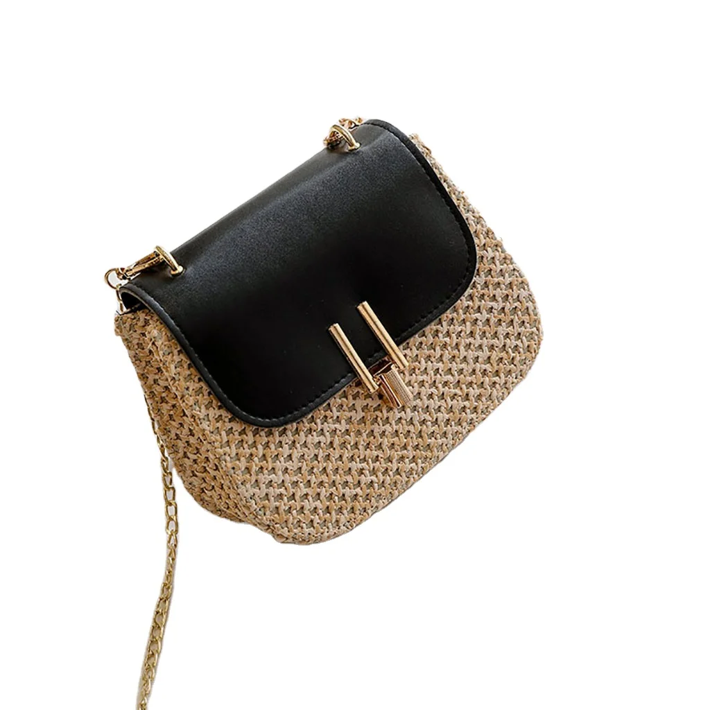 

ELLYSOn PU Patchwork Messenger Bag Women Fashion Chain Straw Rattan Shoulder Bag Versatile Crossbody Bag Small Square Handbag, Beige