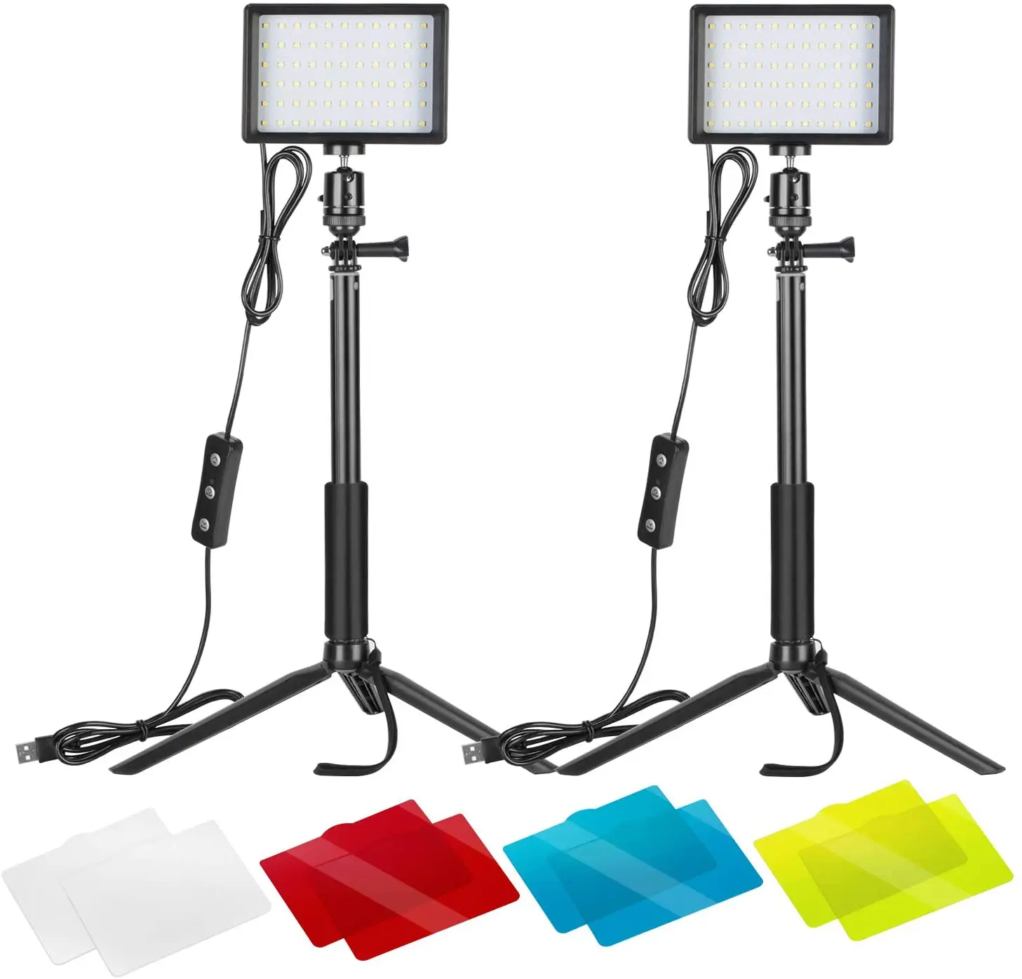 

5600K USB LED Video Light with Adjustable Tripod Stand and Color Filters panel light for Tabletop/Low-Angle Shooting, White, red, yellow and blue