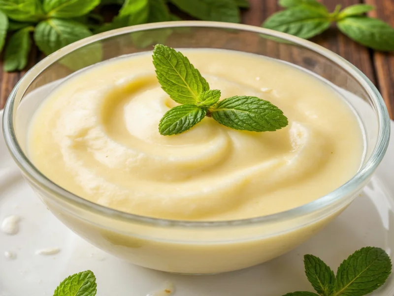 Creamy vanilla pudding in glass bowl with mint garnish