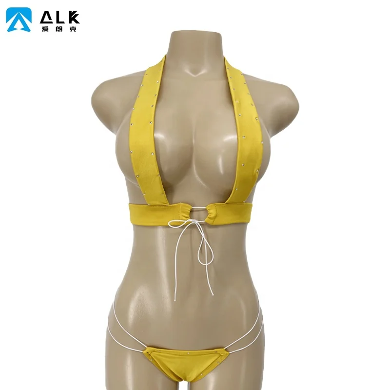 

Ailangke Wholesale 2021 New fashion Rhinestone Stripper Outfits Style Yellow Pole Dance Costume on Rave Party